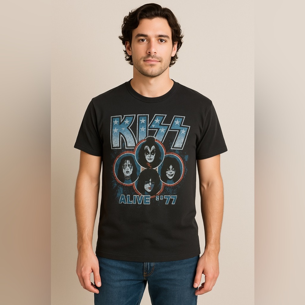 KISS Band T Shirt Alive in ’77 Graphic Tee Black Sm 2019 Licensed Rock Concert